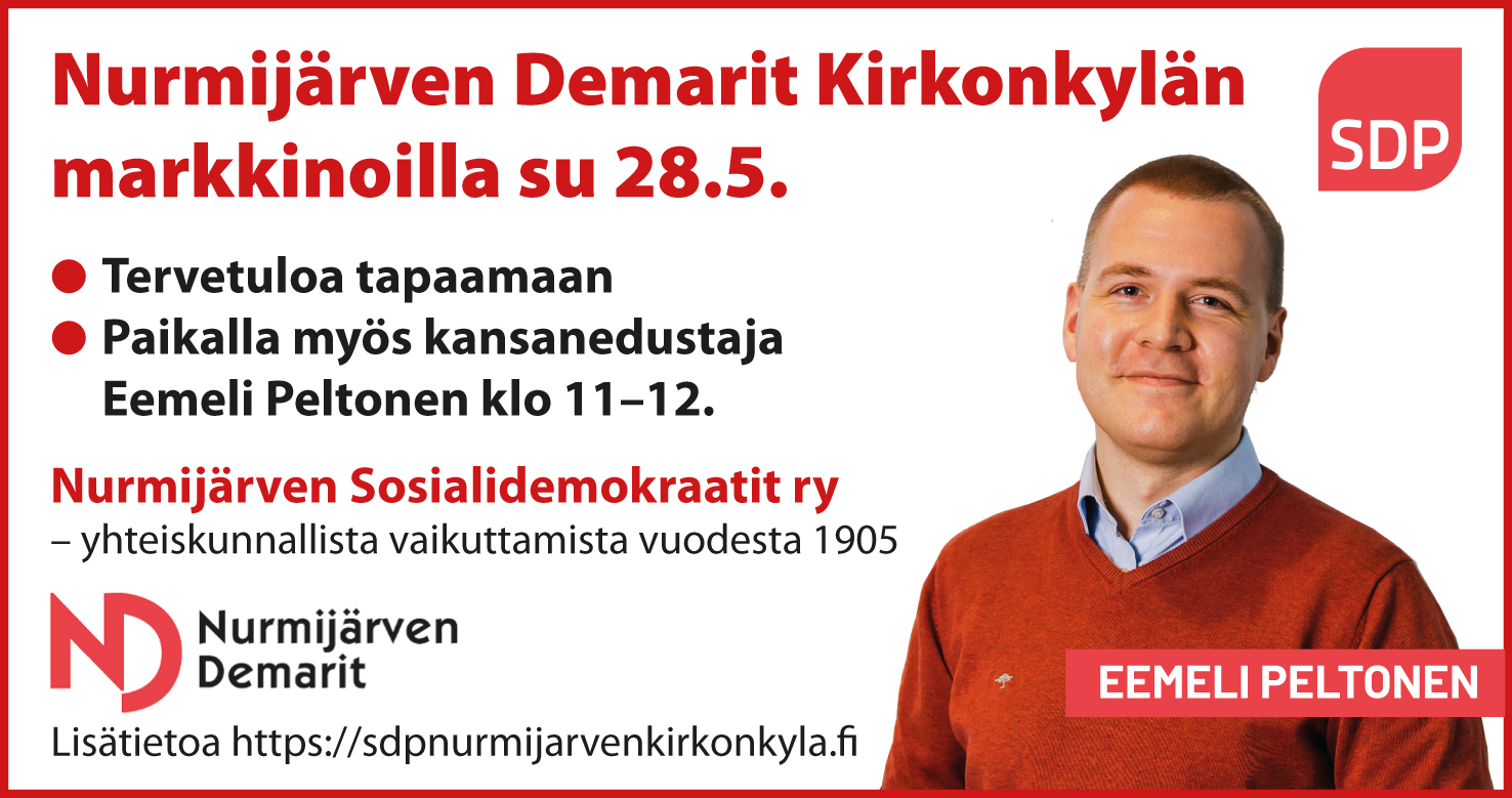 Kirkonkylän torilla su 28.5. mukana kansanedustaja Eemeli Peltonen