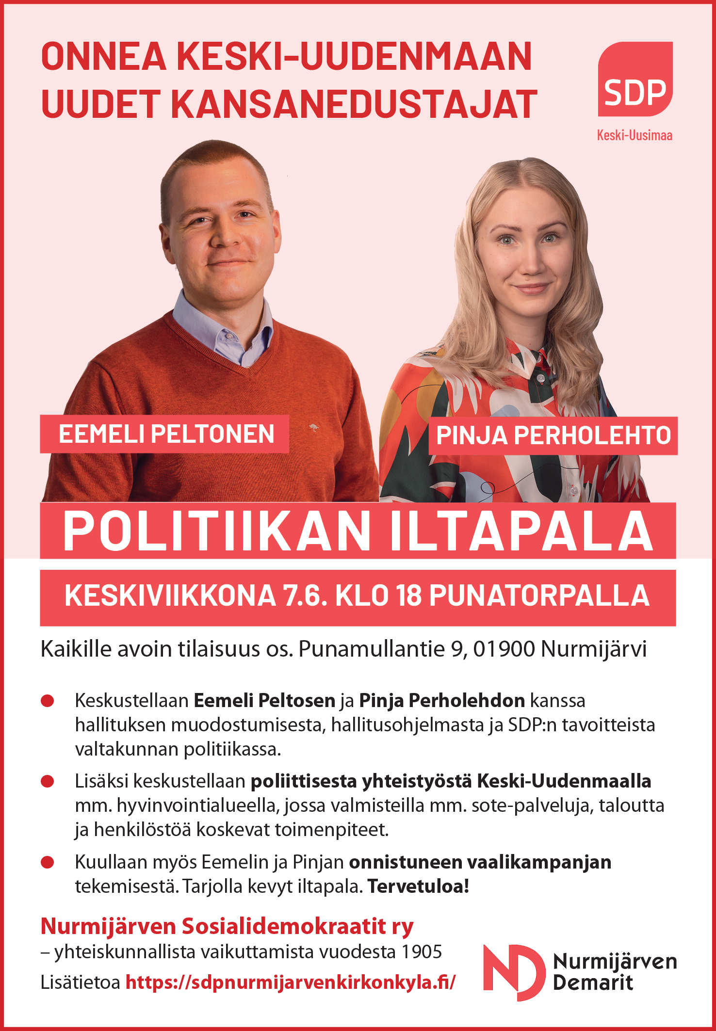 Politiikan iltapala -ajankohtaiskeskustelu 7.6.2023: kansanedustajat Eemeli Peltonen ja Pinja Perholehto Nurmijärvellä
